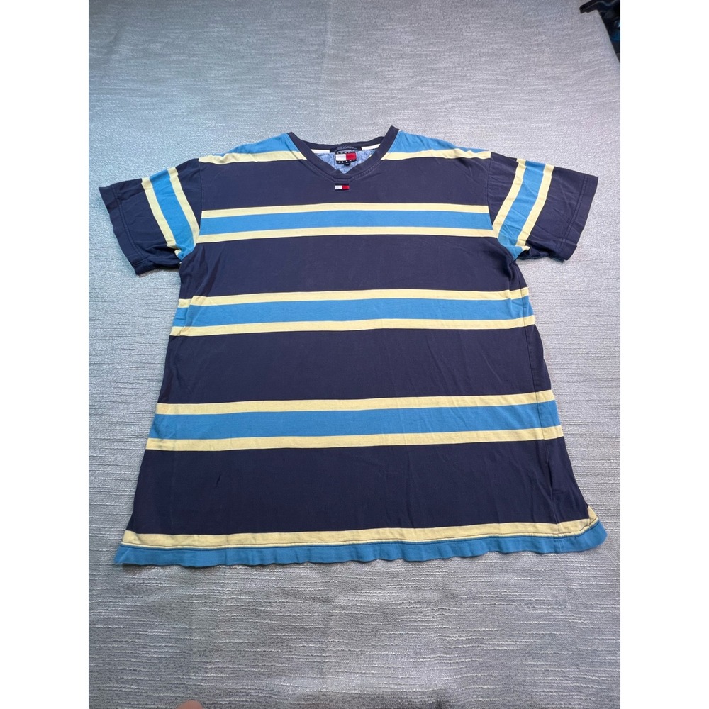 Y2K Tommy Jeans Mens Large V-Neck Striped T-Shirt Navy Blue Yellow Vintage Logo